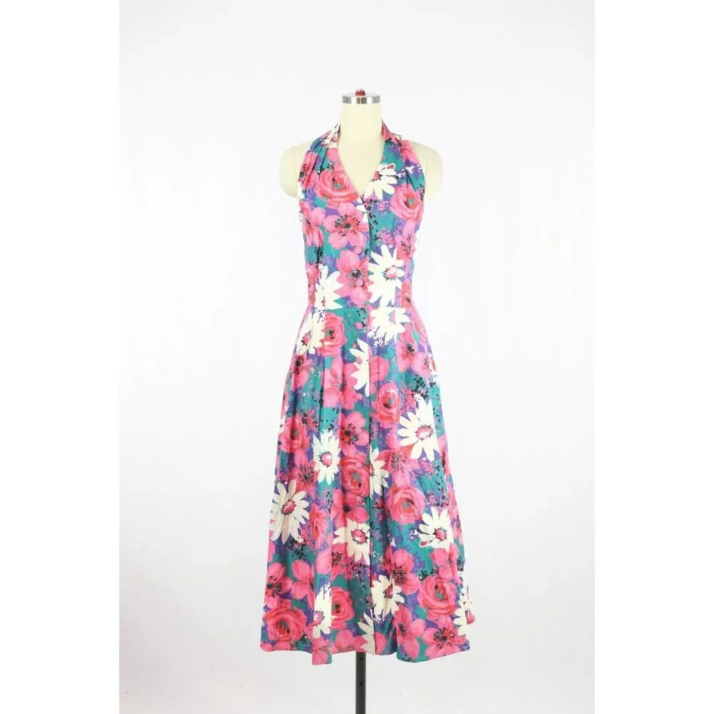 Vintage 80's CANNES Pink Floral Cotton Canvas Halter Midi Circle Dress, Size 14 - Picture 2 of 15